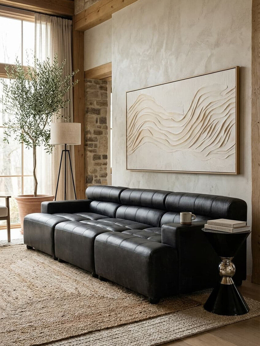 Right Arm Antique Black Leather Modular Sofas, King