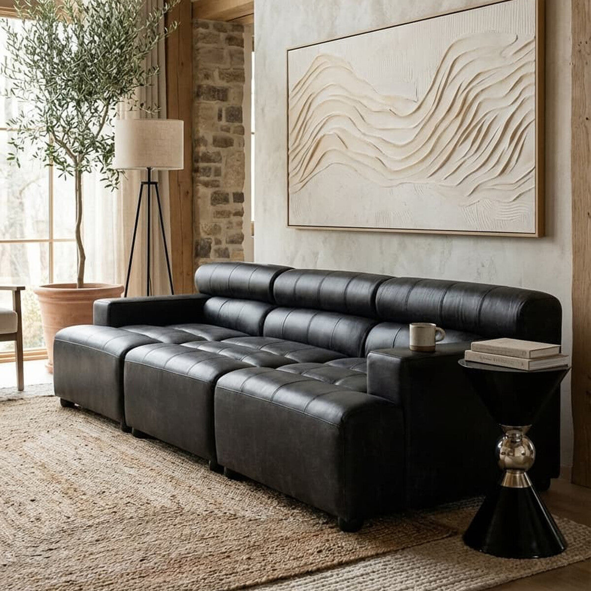 Right Arm Antique Black Leather Modular Sofas, King